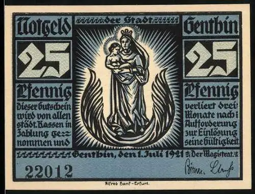 Notgeld Genthin 1921, 25 Pfennig, Madonna mit Kind und Stadtansicht am Fluss