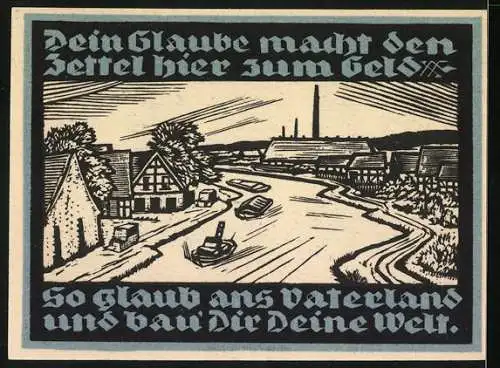 Notgeld Genthin 1921, 25 Pfennig, Madonna mit Kind und Stadtansicht am Fluss