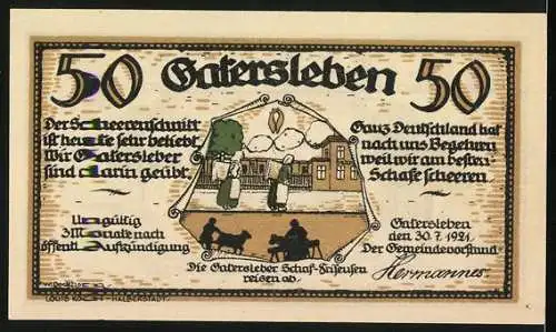 Notgeld Gatersleben, 1921, 50 Pfennig, Illustrationen eines Konzerts und einer Schaf-Scherungsszene