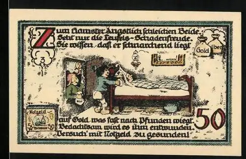 Notgeld Gatersleben, 1924, 50 Pfennig, humorvolle Szene mit schlafendem Patient und Kirche im Hintergrund