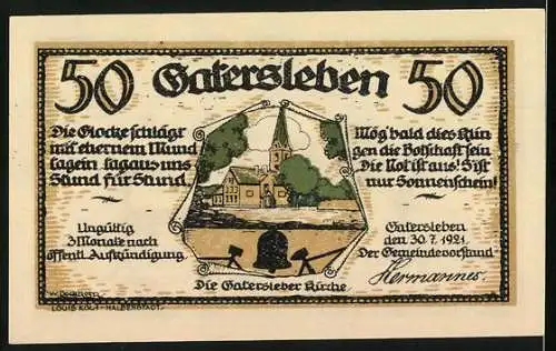 Notgeld Gatersleben, 1924, 50 Pfennig, humorvolle Szene mit schlafendem Patient und Kirche im Hintergrund