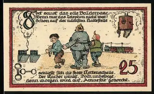 Notgeld Gatersleben, 1921, 25 Pfennig, Illustration mit drei Personen und Spruchband auf Rückseite