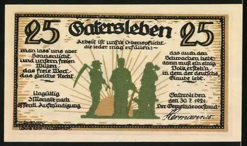 Notgeld Gatersleben, 1921, 25 Pfennig, Illustration mit drei Personen und Spruchband auf Rückseite