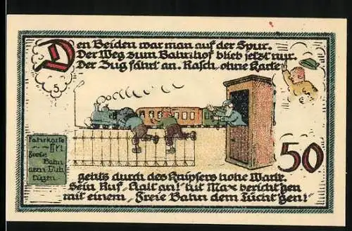 Notgeld Gatersleben, 1921, 50 Pfennig, humorvolle Bahnszene und Malzmühle