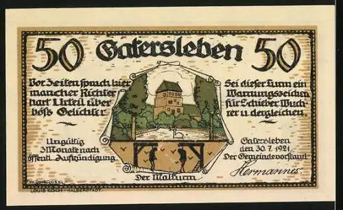 Notgeld Gatersleben, 1921, 50 Pfennig, humorvolle Bahnszene und Malzmühle