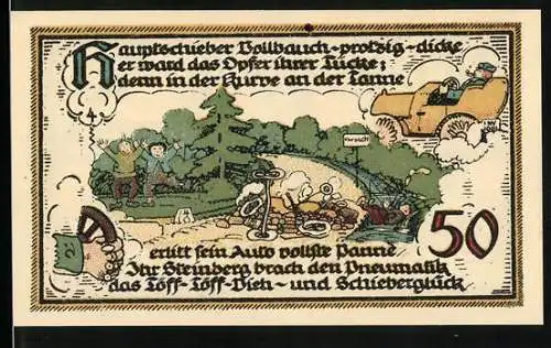 Notgeld Gatersleben, 1921, 50 Pfennig, humorvolle Szene mit Auto und Brand von 1911 im Hintergrund