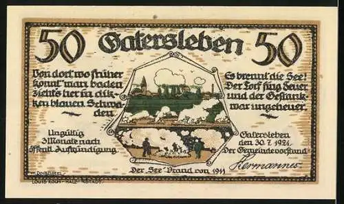 Notgeld Gatersleben, 1921, 50 Pfennig, humorvolle Szene mit Auto und Brand von 1911 im Hintergrund