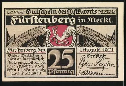 Notgeld Fürstenberg, 1921, 25 Pfennig, Dampfschiff mit Passagieren und Kapitän, Wappen und Signatur