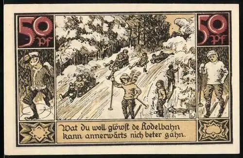 Notgeld Fürstenberg 1921, 50 Pfennig, Rodelbahn-Szene im Winterwald