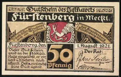 Notgeld Fürstenberg 1921, 50 Pfennig, Rodelbahn-Szene im Winterwald