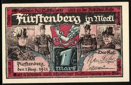 Notgeld Fürstenberg 1921, 1 Mark, Abbildung von Schützen und historischen Figuren