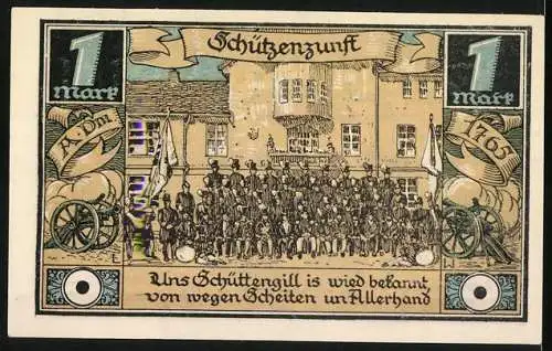 Notgeld Fürstenberg 1921, 1 Mark, Abbildung von Schützen und historischen Figuren