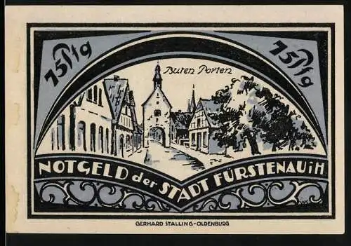 Notgeld Fürstenau, 1921, 75 Pfennig, Darstellung der Buren Pforte und Stadtwappen von Fürstenau