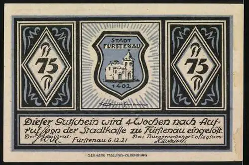 Notgeld Fürstenau, 1921, 75 Pfennig, Darstellung der Buren Pforte und Stadtwappen von Fürstenau