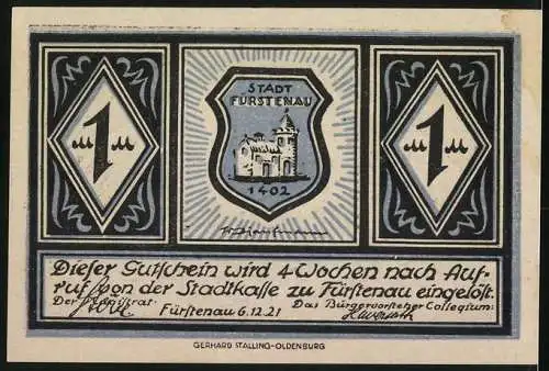 Notgeld Fürstenau, 1921, 1 Mark, Schloss 1553 und Stadtwappen 1402, Gedruckt von Gerhard Stalling-Oldenburg