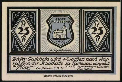 Notgeld Fürstenau, 1921, 25 Pfennig, Rathaus und Stadtwappen mit Burg 1402, Gerhard Stalling-Oldenburg