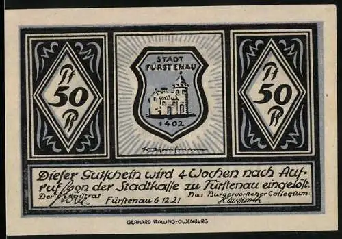 Notgeld Fürstenau 1921, 50 Pfennig, Stadtwappen und Schlossansicht