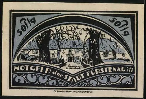Notgeld Fürstenau 1921, 50 Pfennig, Stadtwappen und Schlossansicht