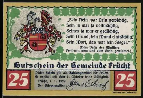 Notgeld Frücht 1922, 25 Pfennig, Gutschein der Gemeinde mit Wappen und Zitat auf Vorderseite