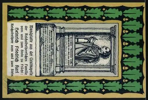 Notgeld Frücht 1922, 25 Pfennig, Gutschein der Gemeinde mit Wappen und Zitat auf Vorderseite