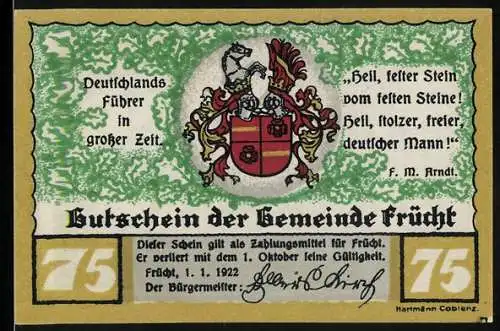 Notgeld Frücht, 1922, 75 Pfennig, Gutschein der Gemeinde Frücht mit Wappen und Zitat, Rückseite mit Denkmal