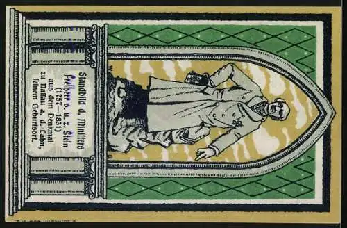 Notgeld Frücht, 1922, 75 Pfennig, Gutschein der Gemeinde Frücht mit Wappen und Zitat, Rückseite mit Denkmal