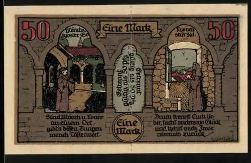 Notgeld Frose, 1921, 2x 50 Pfennig, Mönche im Kloster und Inschrift auf einem Stein, Serienschein 50390