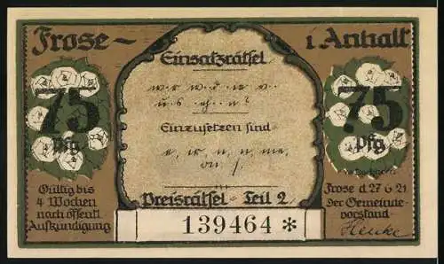 Notgeld Frose 1921, 75 Pfennig, historische Ortsansicht und Einsatztafel-Oberstafel Teil 2