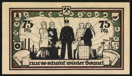 Notgeld Frose in Anhalt, 75 Pfennig, Lösungschein mit Spruch und Arbeiterszene, Verzierung von Louis Koch