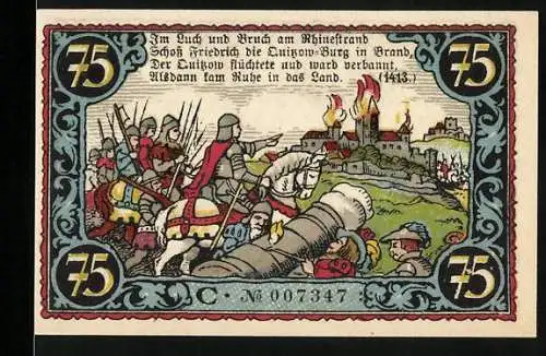 Notgeld Friesack 1921, 75 Pfennig, Belagerung einer Burg im Jahr 1413, Abbildung Friedrich I. von Brandenburg