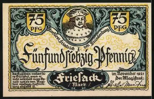 Notgeld Friesack 1921, 75 Pfennig, Belagerung einer Burg im Jahr 1413, Abbildung Friedrich I. von Brandenburg