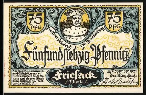 Notgeld Friesack, 1921, 75 Pfennig, Friedrich von Brandenburg und Raubritter-Überfall auf reisende Kaufleute