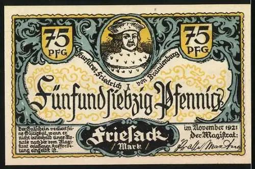 Notgeld Friesack 1921, 75 Pfennig, Burg Friesack im 30-jährigen Krieg und Porträt von Kurfürst Friedrich I