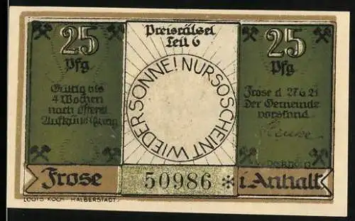 Notgeld Frose 1921, 25 Pfennig, grün mit Bergmann und Zechensymbolen