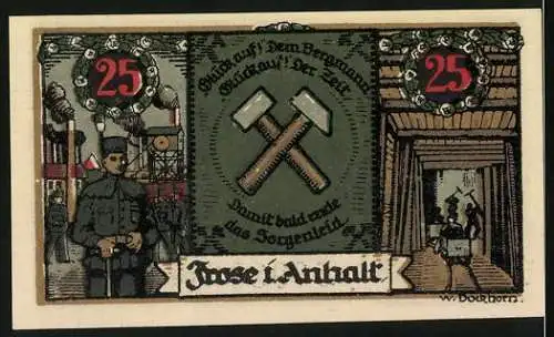 Notgeld Frose 1921, 25 Pfennig, grün mit Bergmann und Zechensymbolen