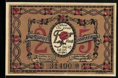 Notgeld Frose, 1921, 25 Pfennig, Musiknoten und Rosen, Landschaft mit Burgen und Gedicht