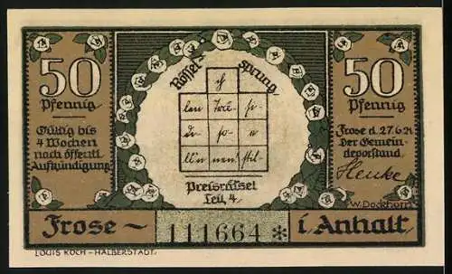 Notgeld Frose 1921, 50 Pfennig, Überschwemmungsgebiet Motiv und Preisrätsel auf Rückseite