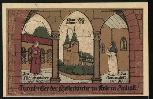 Notgeld Frose, 1921, 50 Pfennig, Säulen und Klosterkirche, Kreis Ballenstedt, Mönchskloster und Nonnenkloster