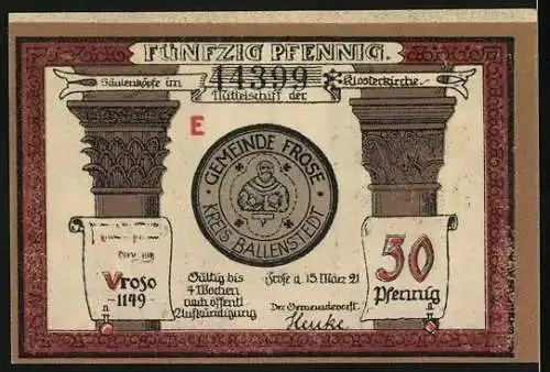 Notgeld Frose 1921, 50 Pfennig, Klosterkirche und Säulenköpfe