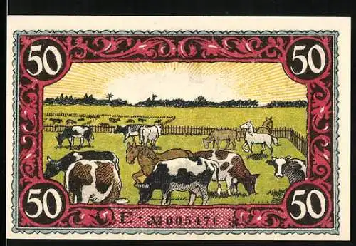 Notgeld Friesack 1921, 50 Pfennig, Kühe und Pferde auf der Weide, Friedrich I. von Brandenburg