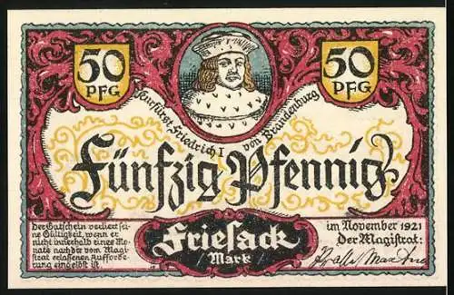 Notgeld Friesack 1921, 50 Pfennig, Kühe und Pferde auf der Weide, Friedrich I. von Brandenburg