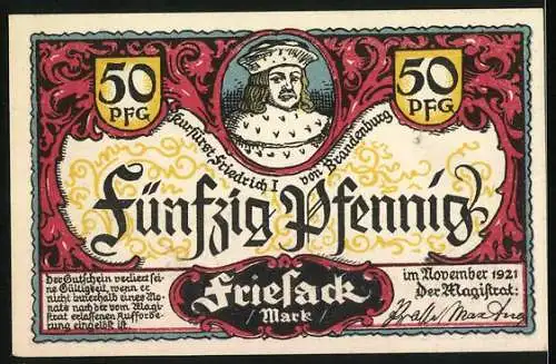 Notgeld Friesack, 1921, 50 Pfennig, Bauernhofszene mit Pferden und Friedrich I. von Brandenburg Porträt