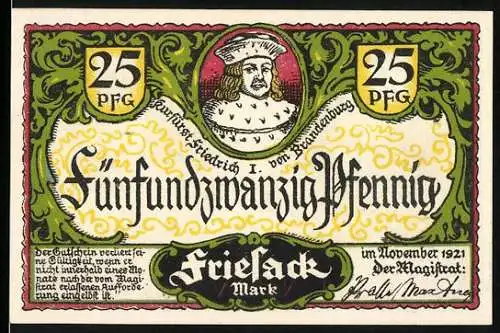 Notgeld Friesack 1921, 25 Pfennig, Friedrich I. von Brandenburg und Rheinpartie