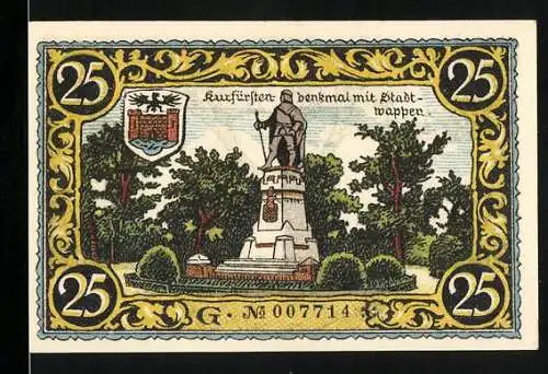 Notgeld Friesack 1921, 25 Pfennig, Kurfürstendenkmal mit Stadtwappen, Porträt Kurfürst Friedrich I. von Brandenburg