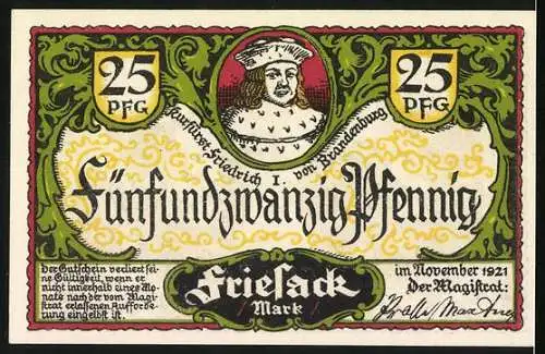 Notgeld Friesack 1921, 25 Pfennig, Kurfürstendenkmal mit Stadtwappen, Porträt Kurfürst Friedrich I. von Brandenburg