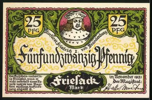 Notgeld Friesack, 1921, 25 Pfennig, Schiller-Park und Kurfürst Friedrich I. von Brandenburg Abbildung