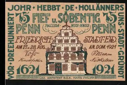 Notgeld Friedrichstadt, 1921, 75 Pfennig, Paludanus-Haus, Jubiläum 300 Jahre Stadtgründung, Architekt Hans Philipp