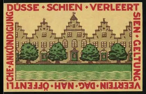 Notgeld Friedrichstadt, 1921, 50 Pfennig, Vorderseite Stadtansicht mit Bäumen, Rückseite Kirche mit Inschrift und Jahr