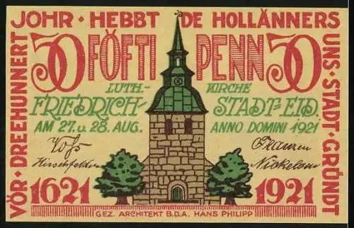 Notgeld Friedrichstadt, 1921, 50 Pfennig, Vorderseite Stadtansicht mit Bäumen, Rückseite Kirche mit Inschrift und Jahr