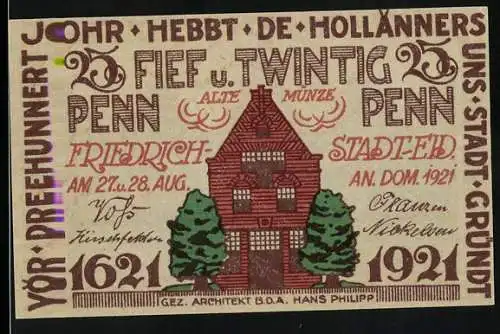 Notgeld Friedrichstadt, 1921, 25 Pfennig, Alte Münze und Stadtansicht mit Bäumen